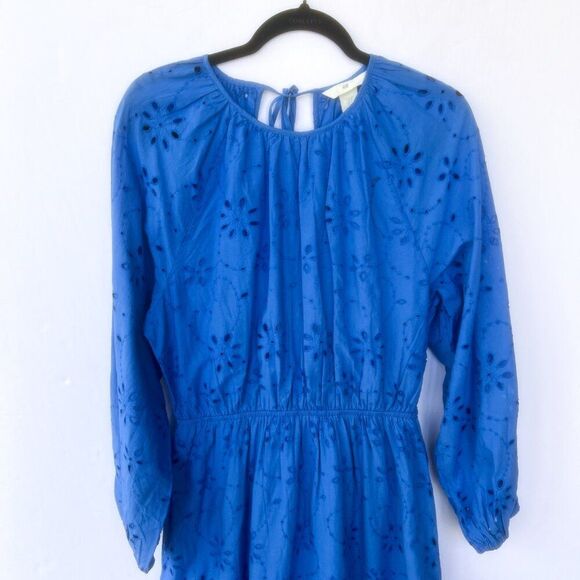 NWT H&M Blue Embroidered Eyelet Lace Long Puff Sleeve Open Back Midi Dress - Picture 4 of 14